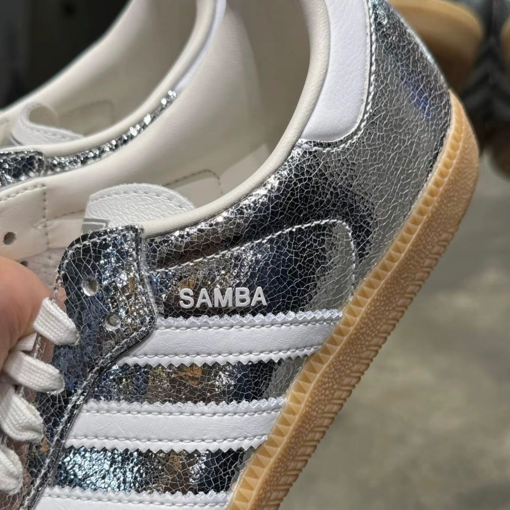 Adidas Samba OG Silver Metallic Cracked Leather - JR0035