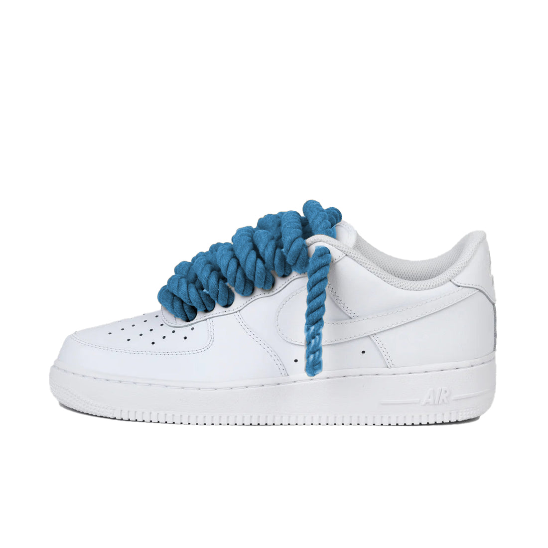 Nike Air Force 1 Low wit met blauwe rope laces custom side view