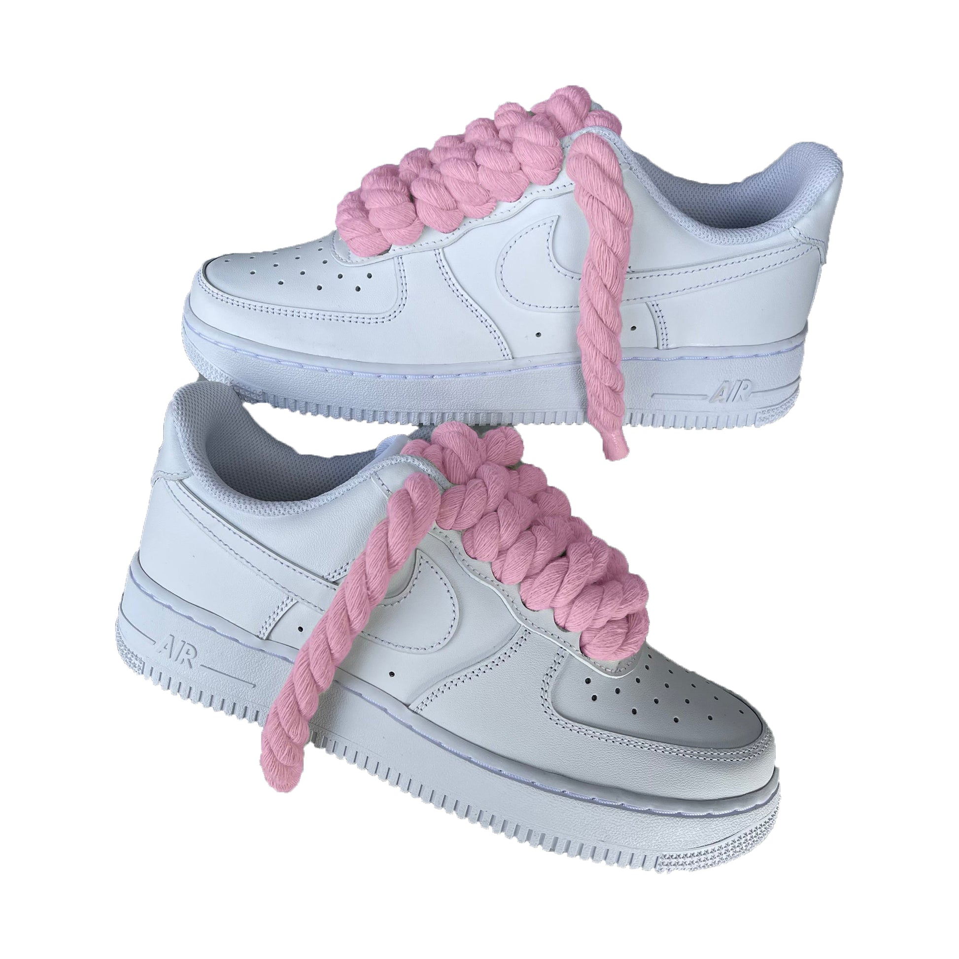 Nike Air Force 1 Low wit met roze rope laces custom schuin aanzicht