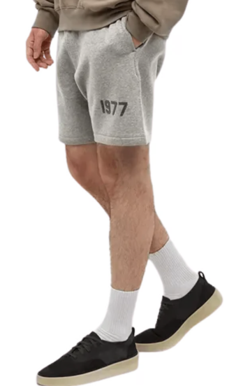 Fear of God Essentials 1977 Dark Oatmeal Summer Set shorts in dark oatmeal worn by model detail view