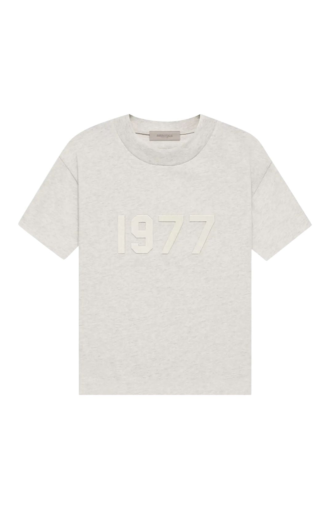 Fear of God Essentials 1977 Light Oatmeal Summer Set t-shirt and shorts set in light oatmeal front view