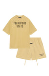 Fear of God Essentials Amber Summer Set t-shirt and shorts in amber front view