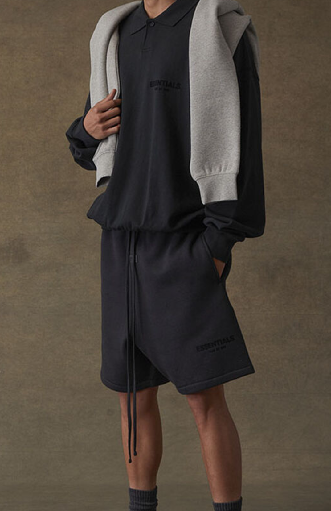 Fear of God Essentials Black Limo Summer t-shirt and shorts in black front view