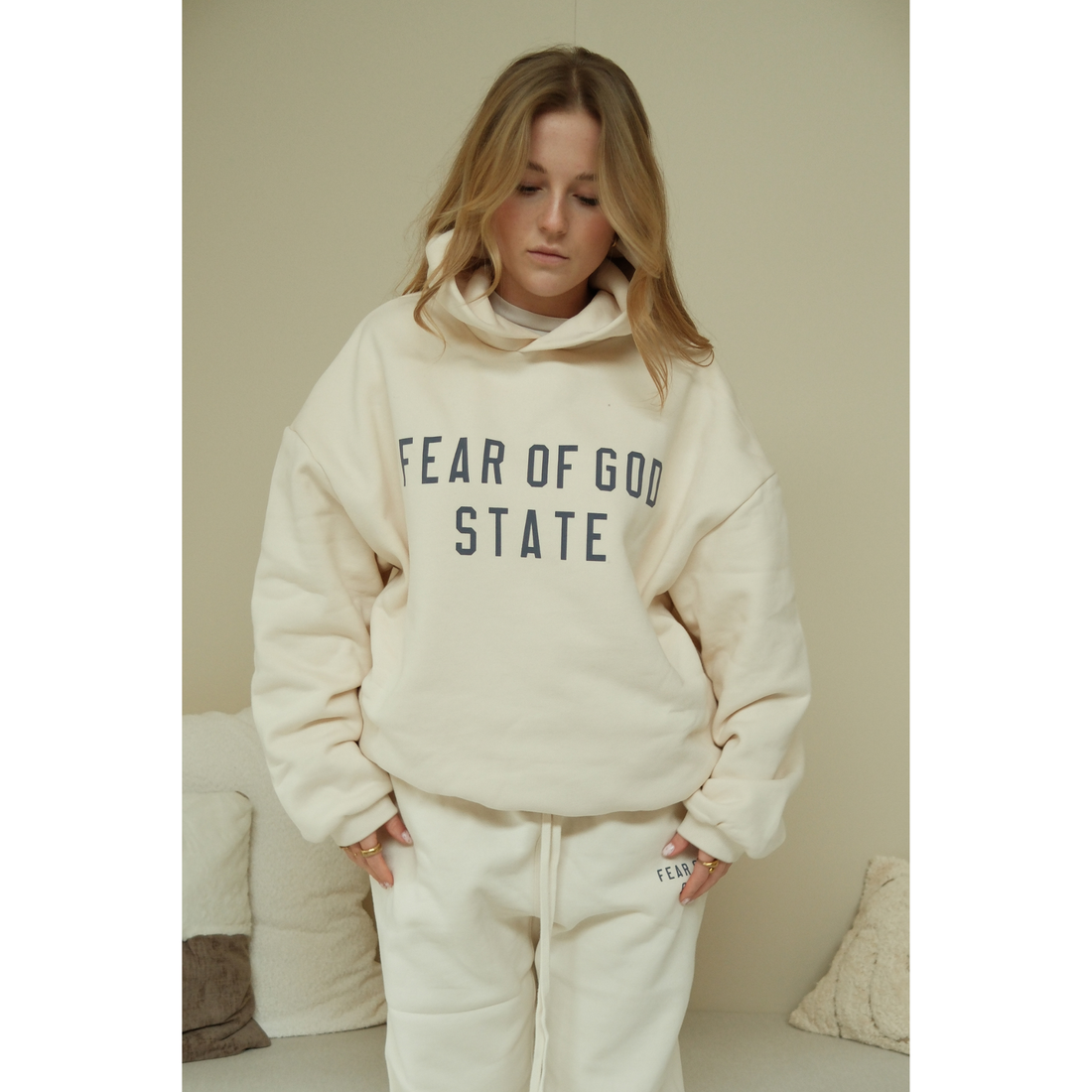 Fear of God Essentials Shell hoodie in cream front view