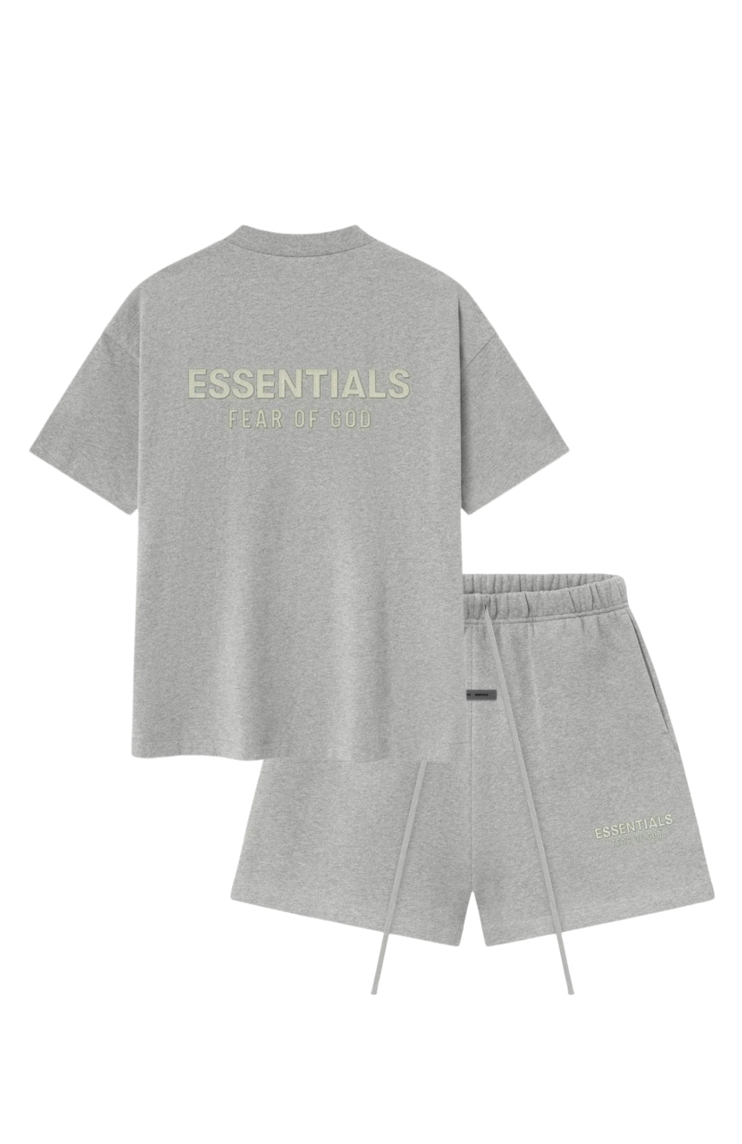Fear of God Essentials SS25 Concrete Heather Summer Set t-shirt and shorts set in concrete heather front view