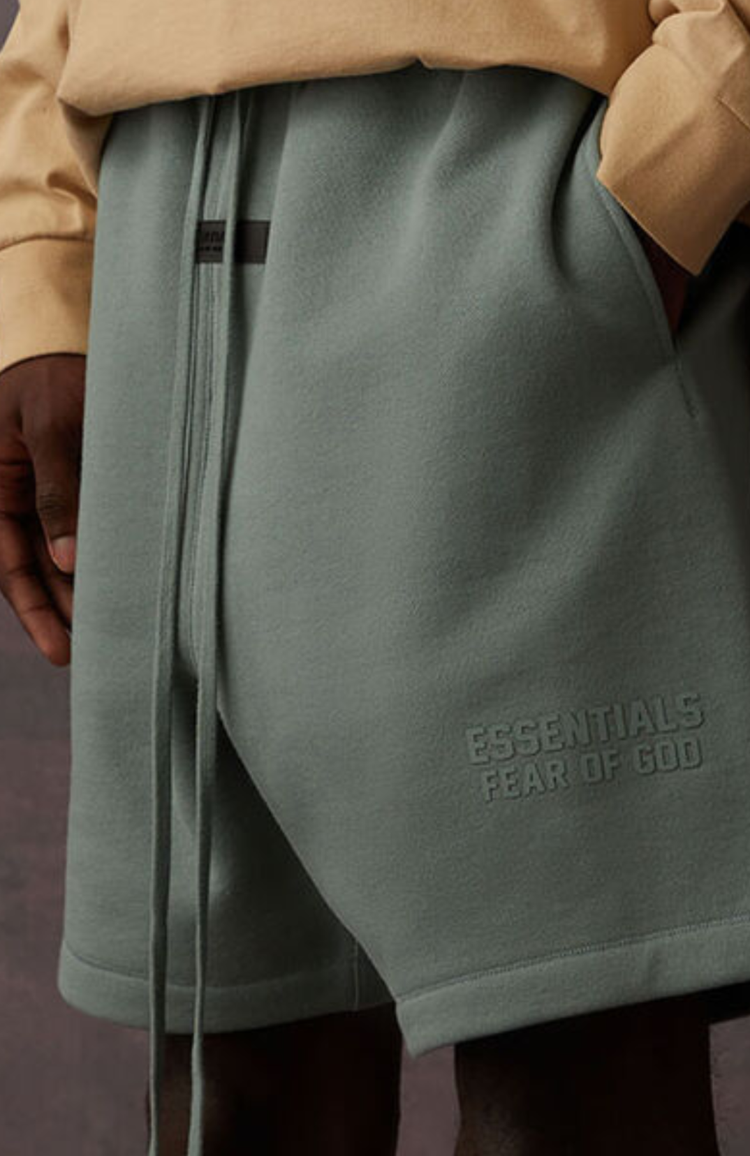Fear of God Essentials Sycamore Summer shorts in green detail view