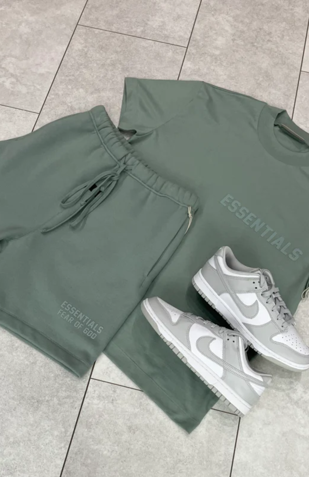 Fear of God Essentials Sycamore Summer t-shirt and shorts in green front view