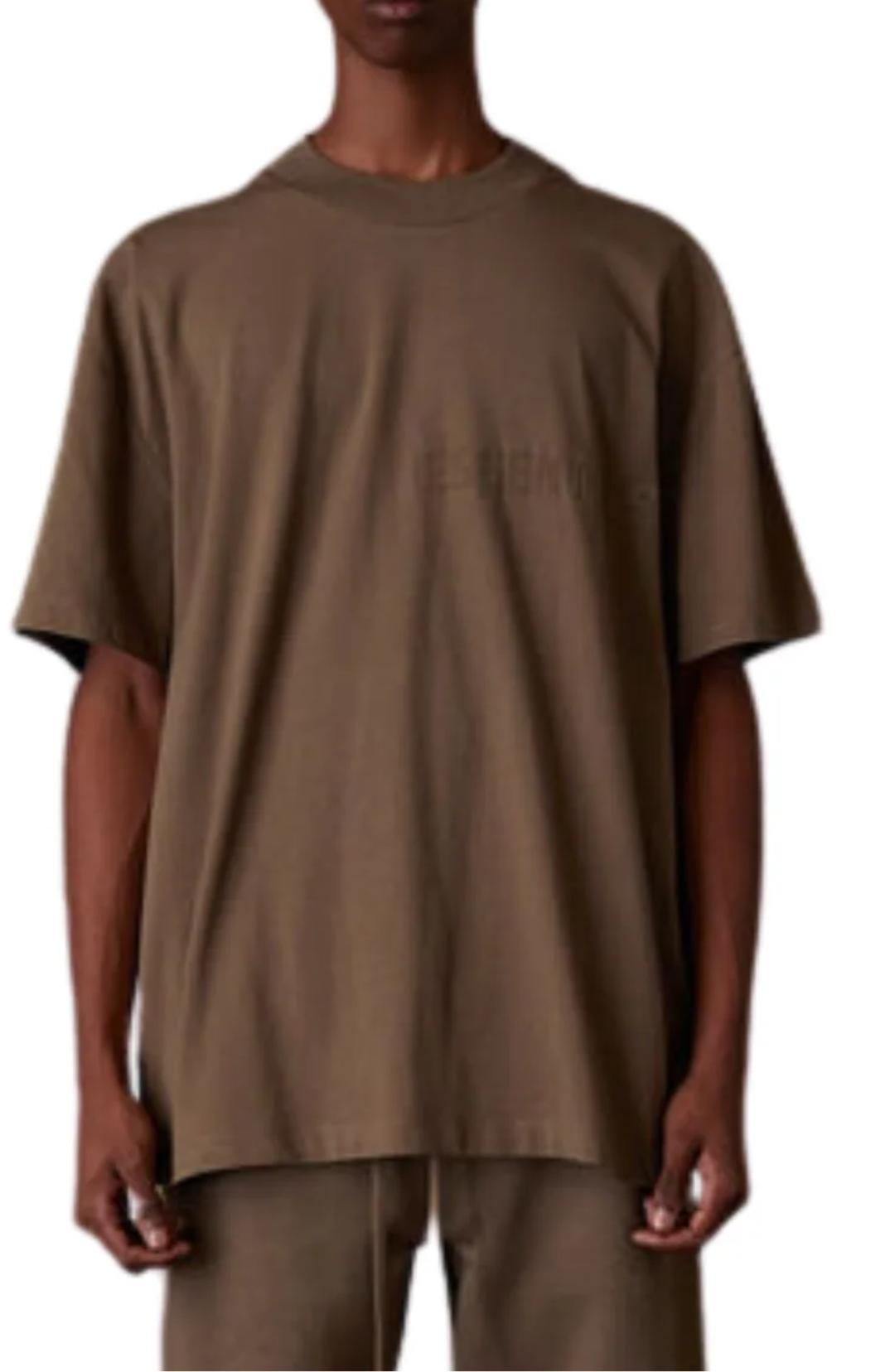 Fear of God Essentials Wood Summer Set hoodie in brown worn by model